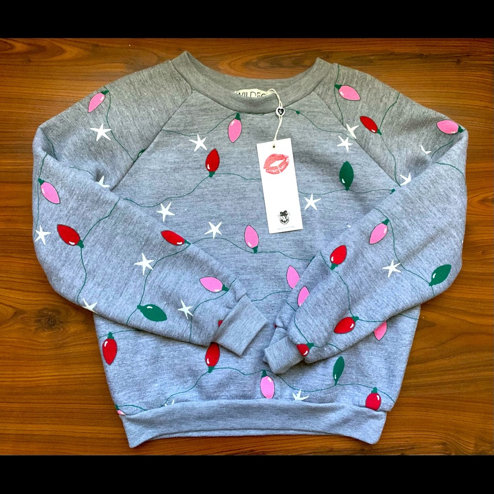 NWT Wildfox Christmas Xmas lights pullover XS Grey Pink Super Soft